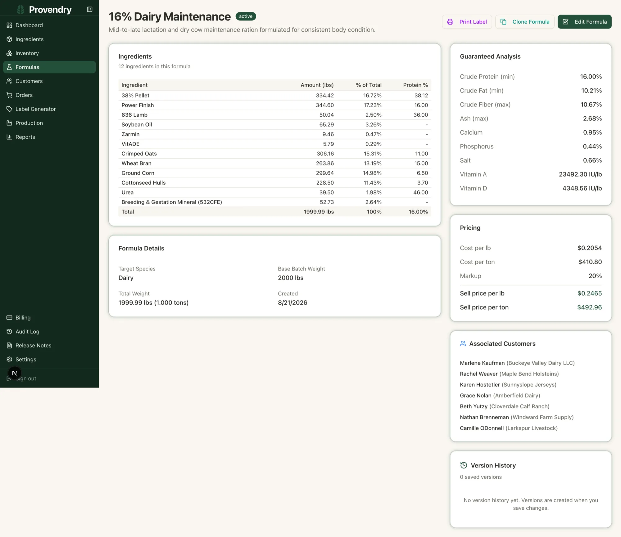 A feed formula showing its ingredient breakdown, guaranteed analysis, and cost per ton