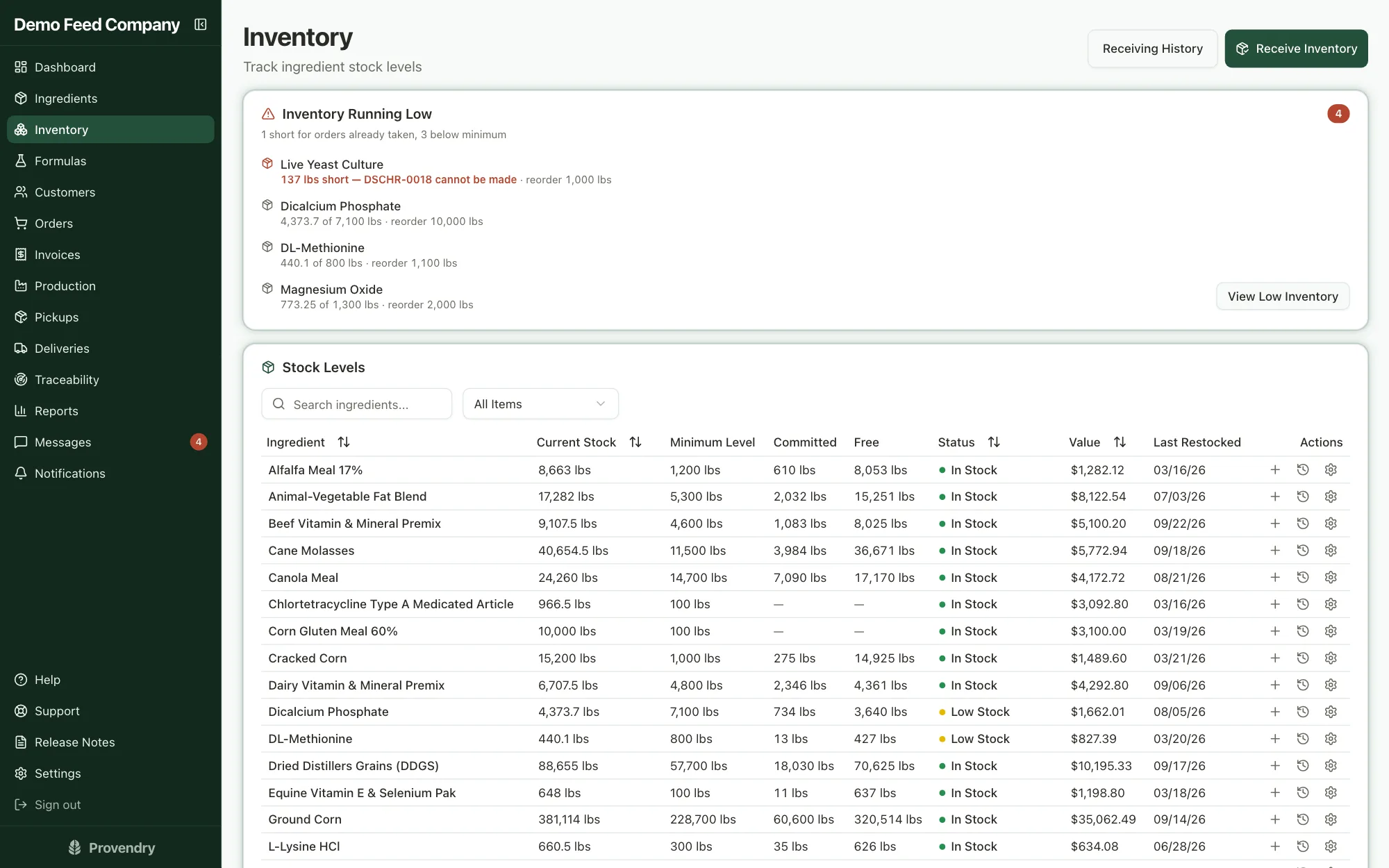 Inventory showing stock on hand for each ingredient with low-stock warnings