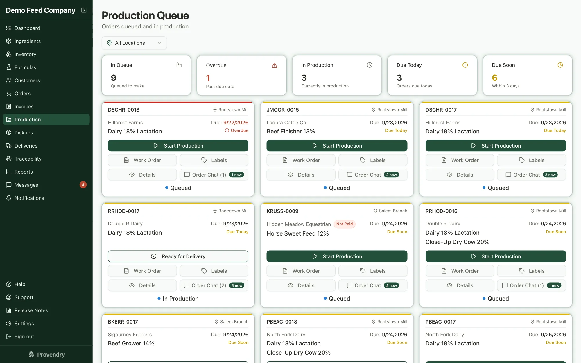 Production board with batch cards and their next step