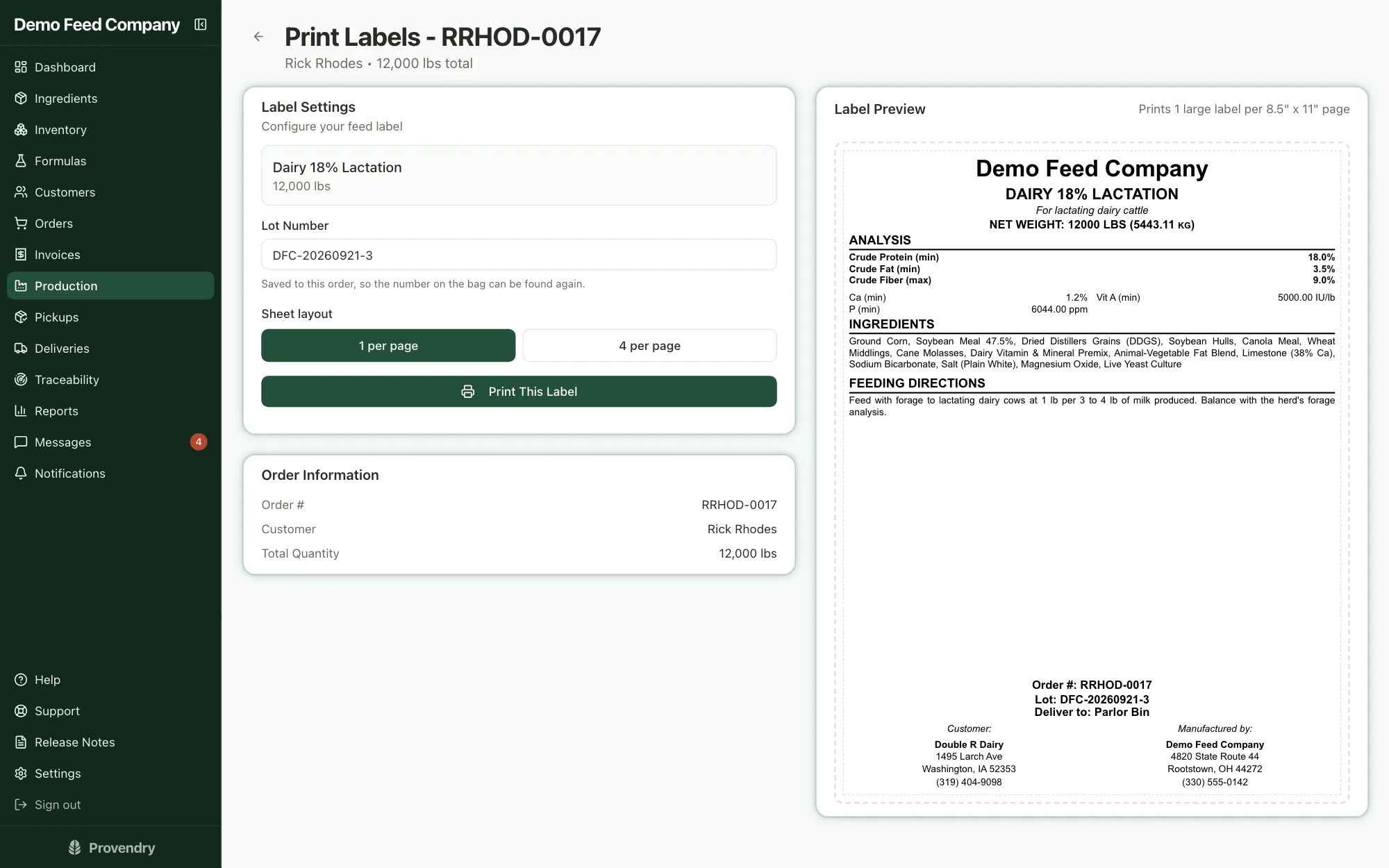 A feed tag for an order, showing its guaranteed analysis, ingredients, lot number and delivery bin