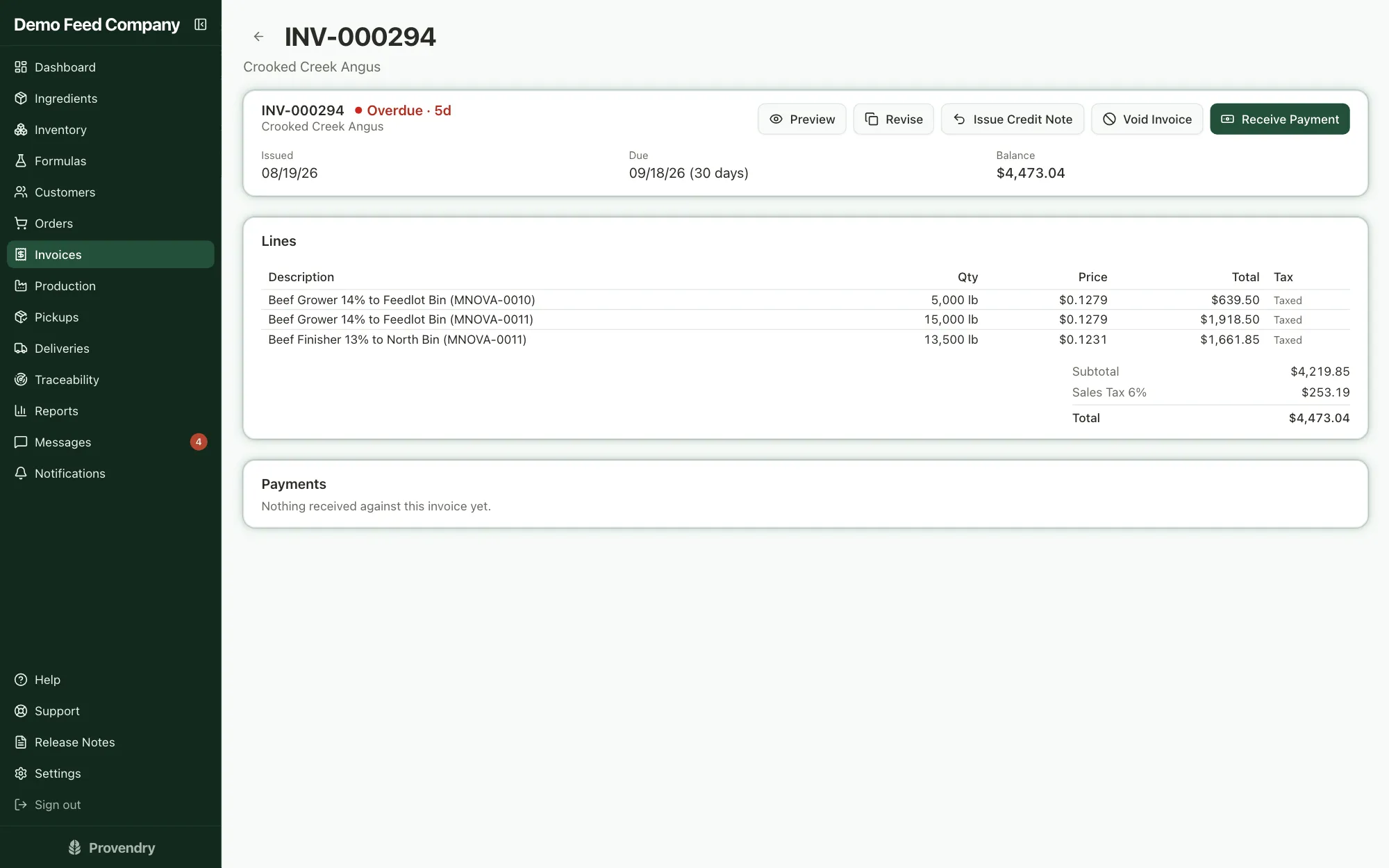 An invoice with its lines, sales tax and balance