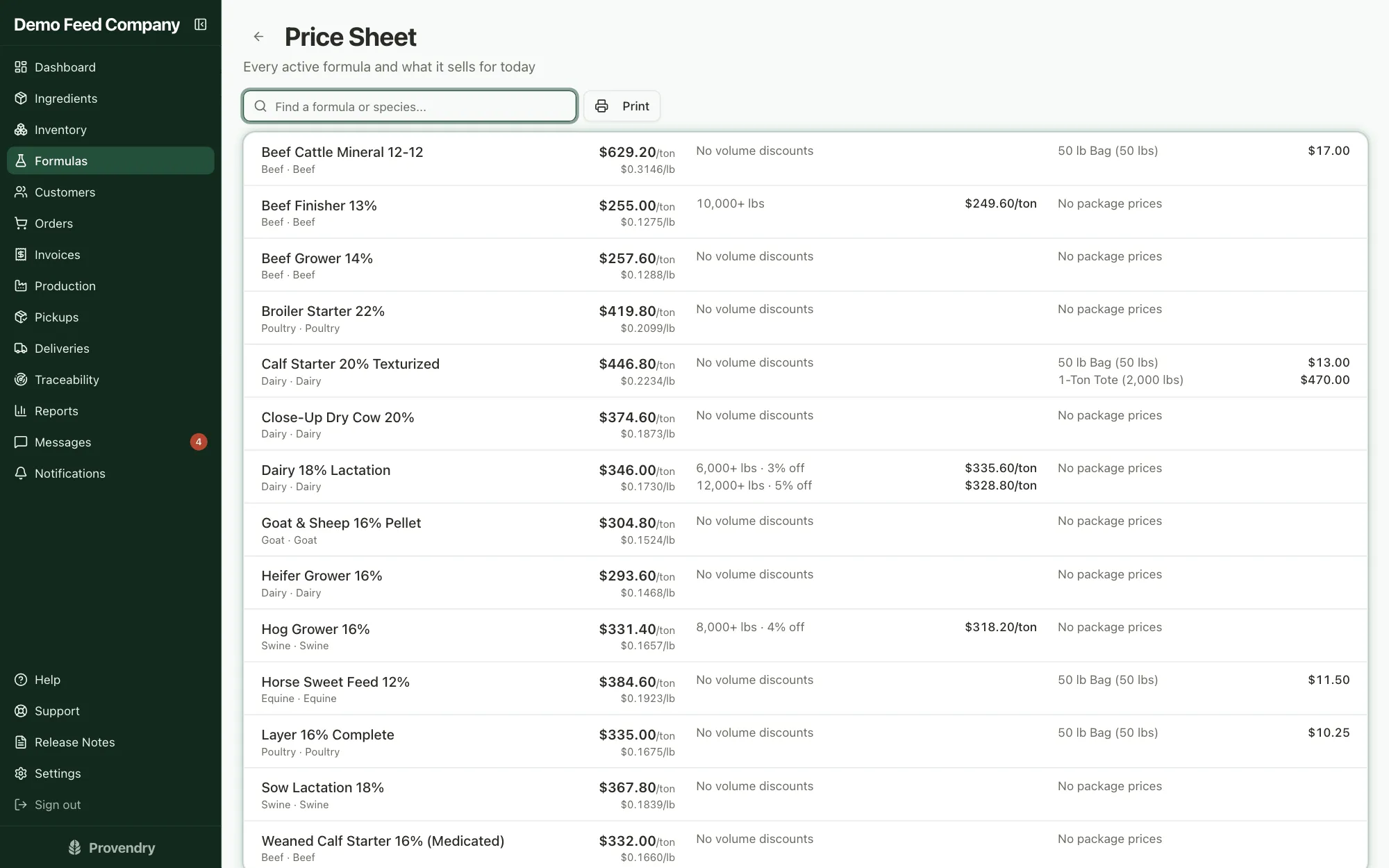 A price sheet listing every formula's price per ton, volume discounts and bag prices