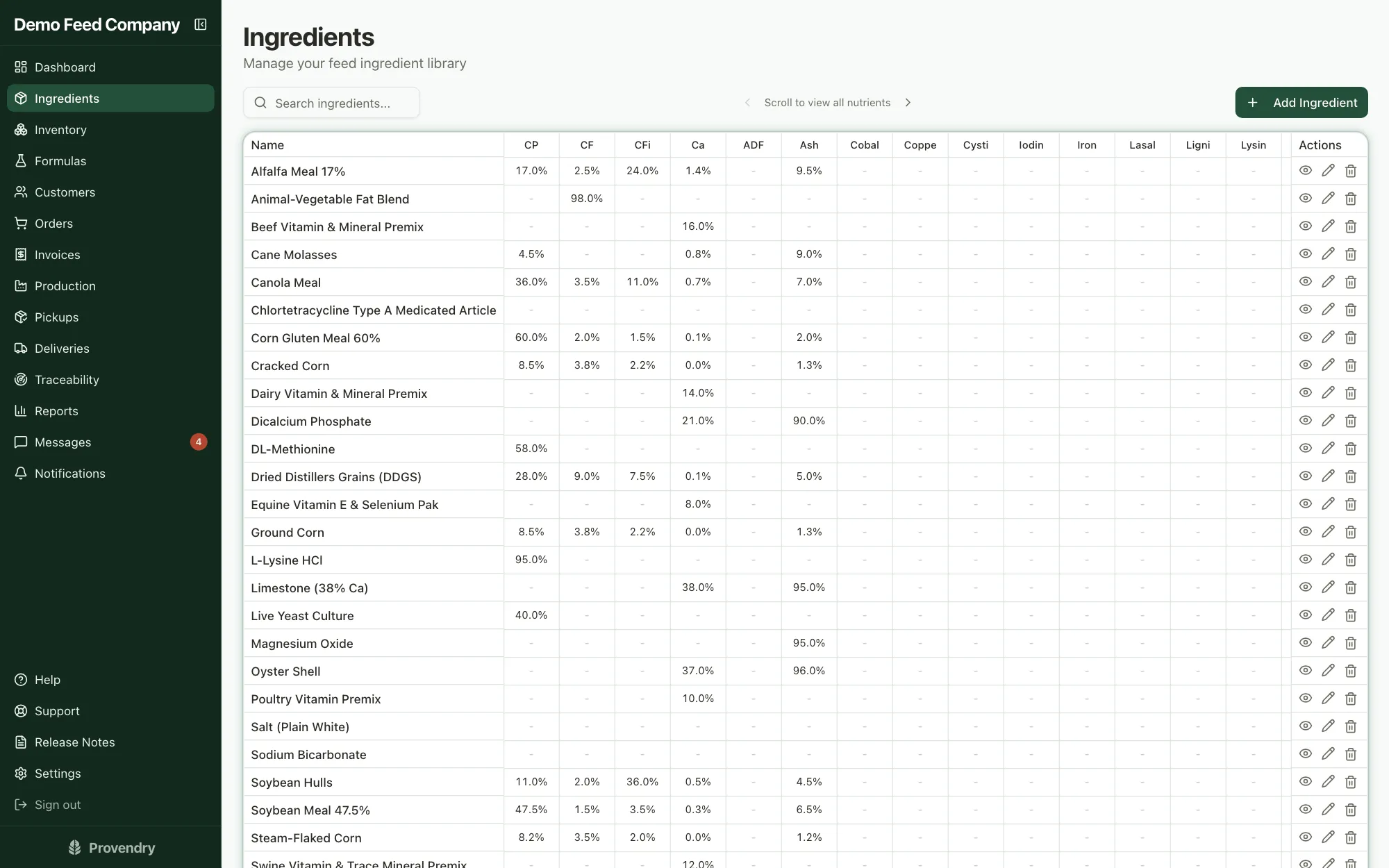 Ingredient catalog showing crude protein, fat, fiber, calcium and other nutrients for every ingredient