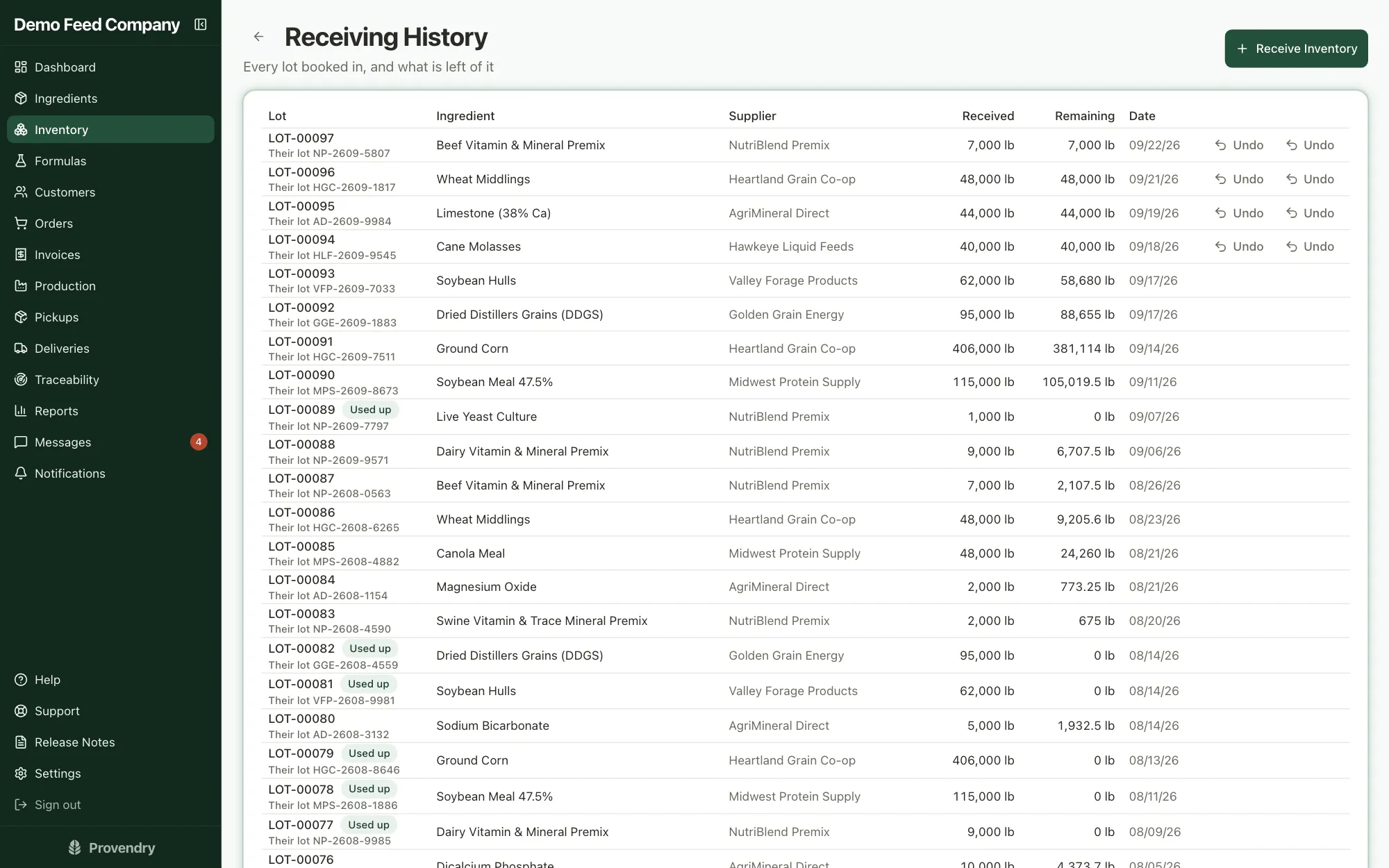 Receiving history listing every lot booked in, its supplier lot number, and how much is left