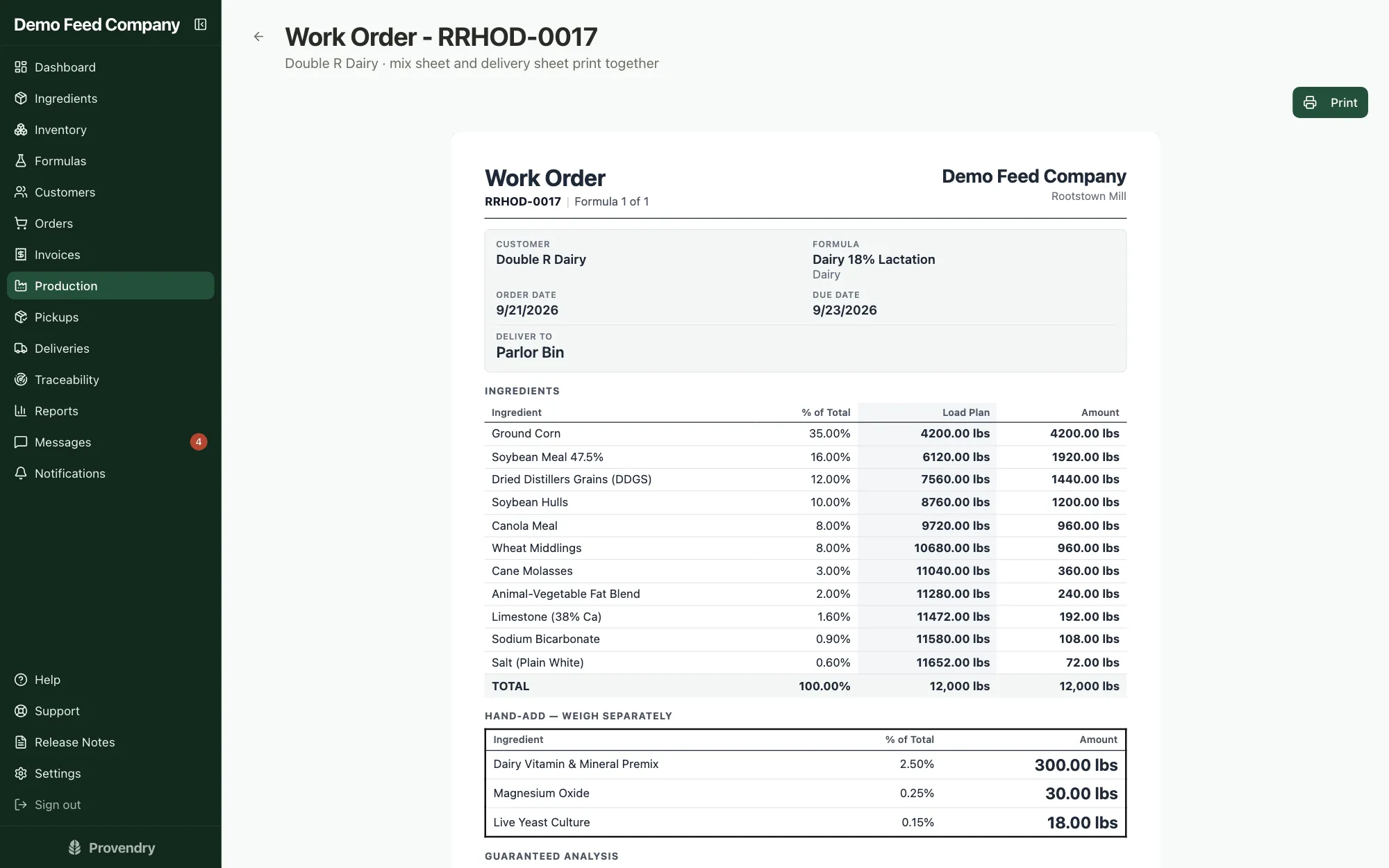 A work order with the load plan and hand-add ingredients