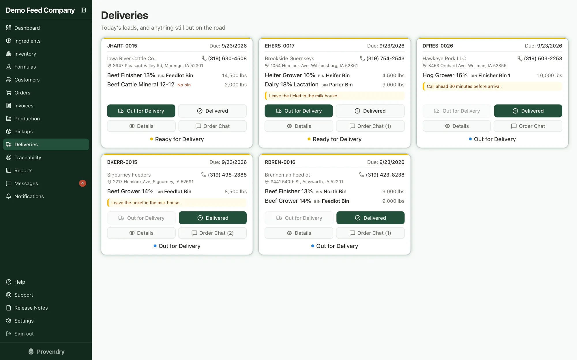 The driver's screen with the day's deliveries