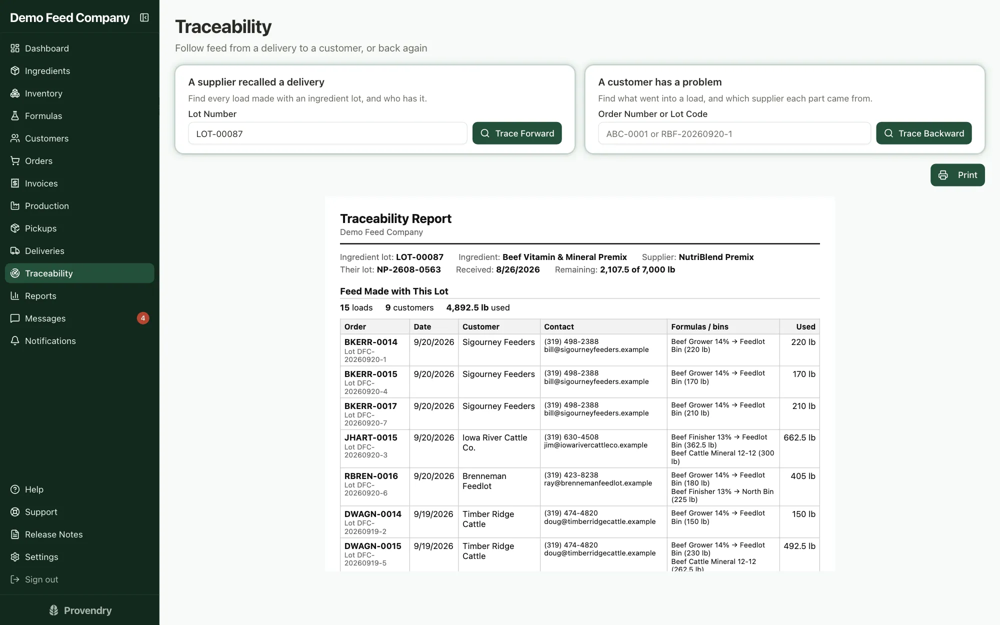 A traceability report for an ingredient lot