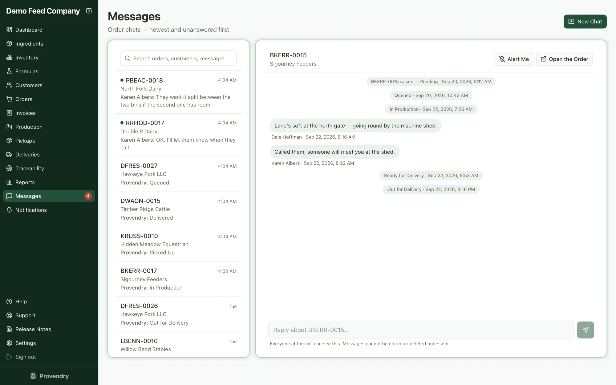 Order Chat between the office and a driver