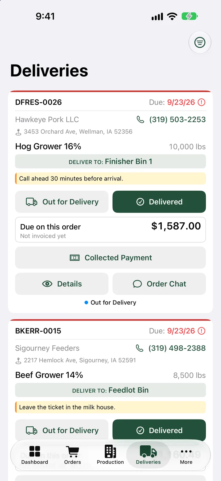 Provendry on iPhone: a driver's deliveries with the address, the bin to fill and a Delivered button